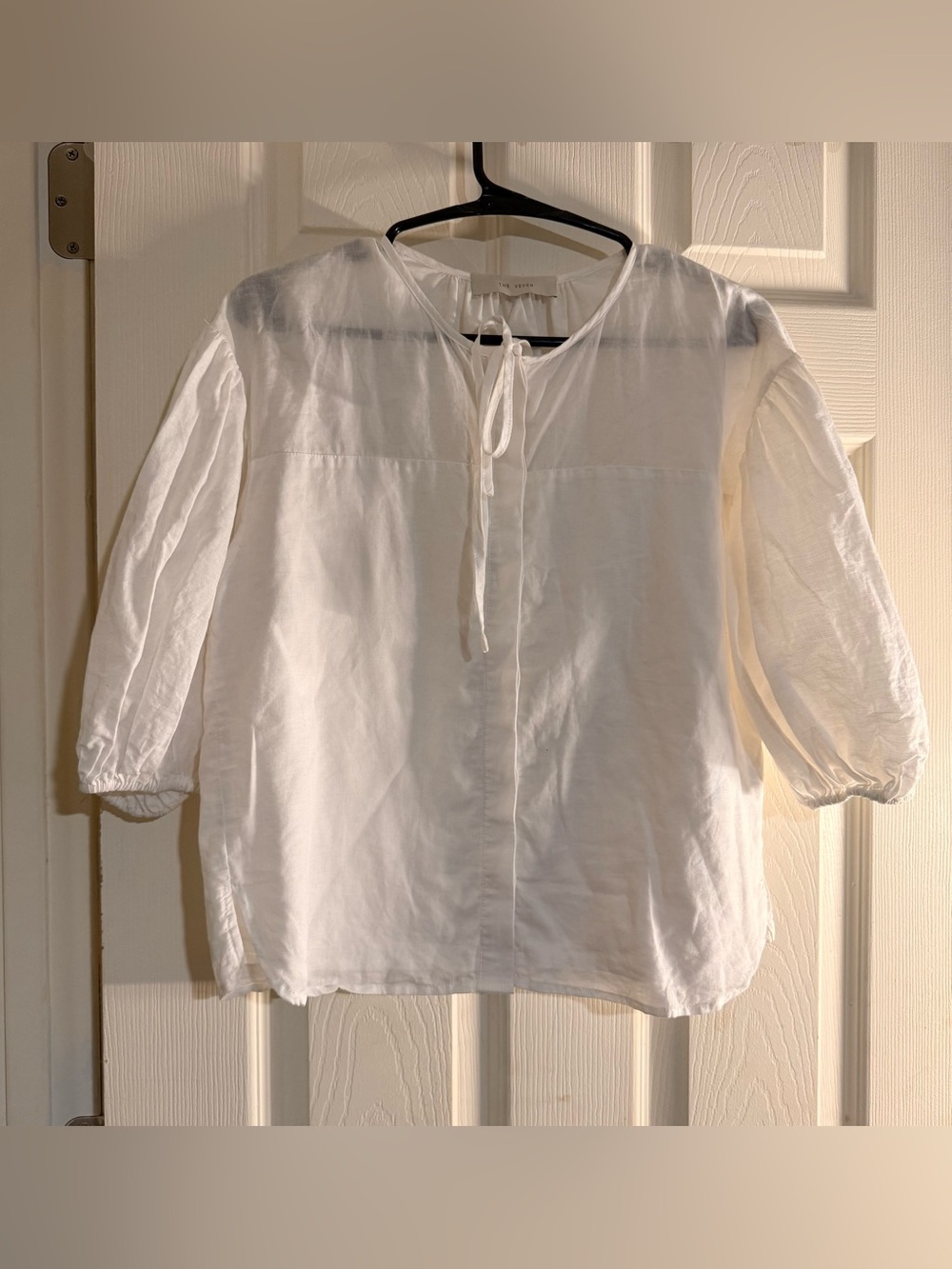 THE VEVER White Linen Blend Peasant Cottagecore Blouse Puff Sleeve Tie Neck Sz S